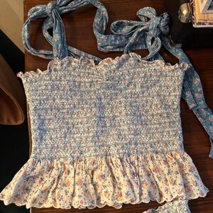 LoveShackFancy Blue Floral Smocked Crop Top